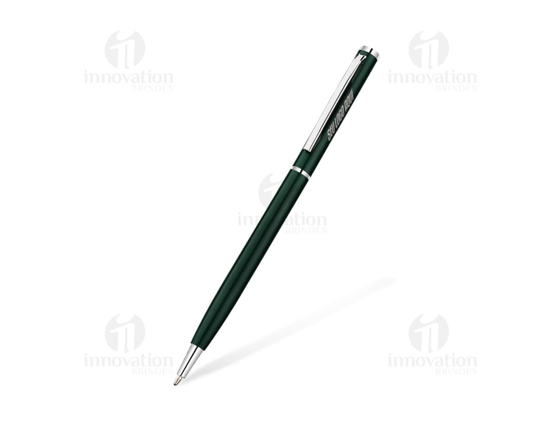 Caneta metálica de cor preta, utilizada para escrever ou desenhar em papéis. Ideal para uso em escritórios, escolas ou em casa.