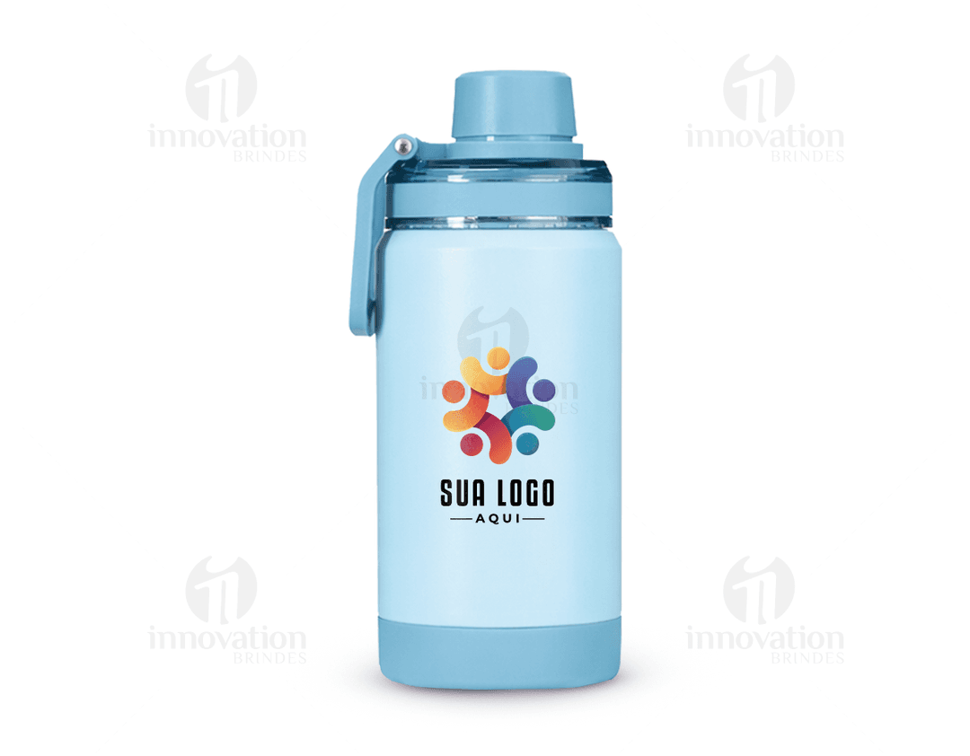 Garrafa térmica de 400ml, feita de plástico transparente, com tampa de metal e design clean. Ideal para manter a temperatura de líquidos, como água, durante atividades esportivas ou momentos de cuidados com a saúde e bem-estar.