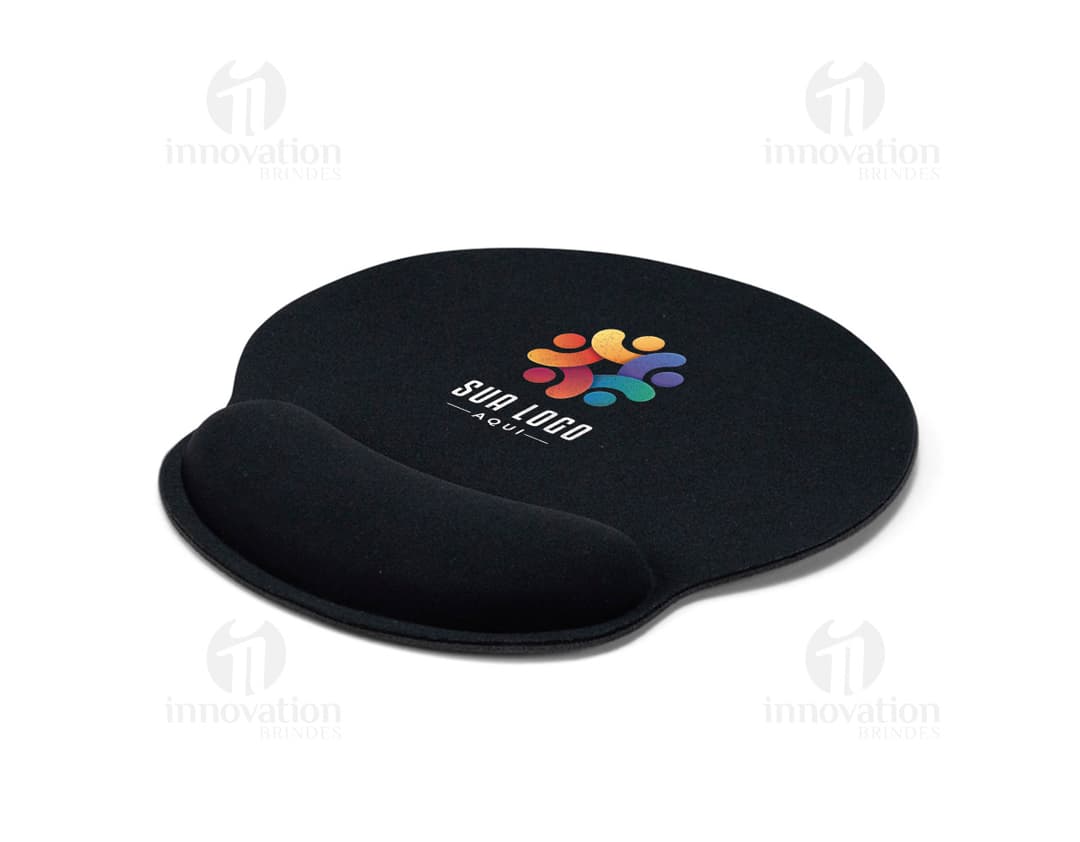 Mouse Pad Ergonômico preto em formato circular, feito de metal, com design moderno. Ideal para uso profissional e jogos de computador, proporcionando maior conforto e suporte para o pulso.