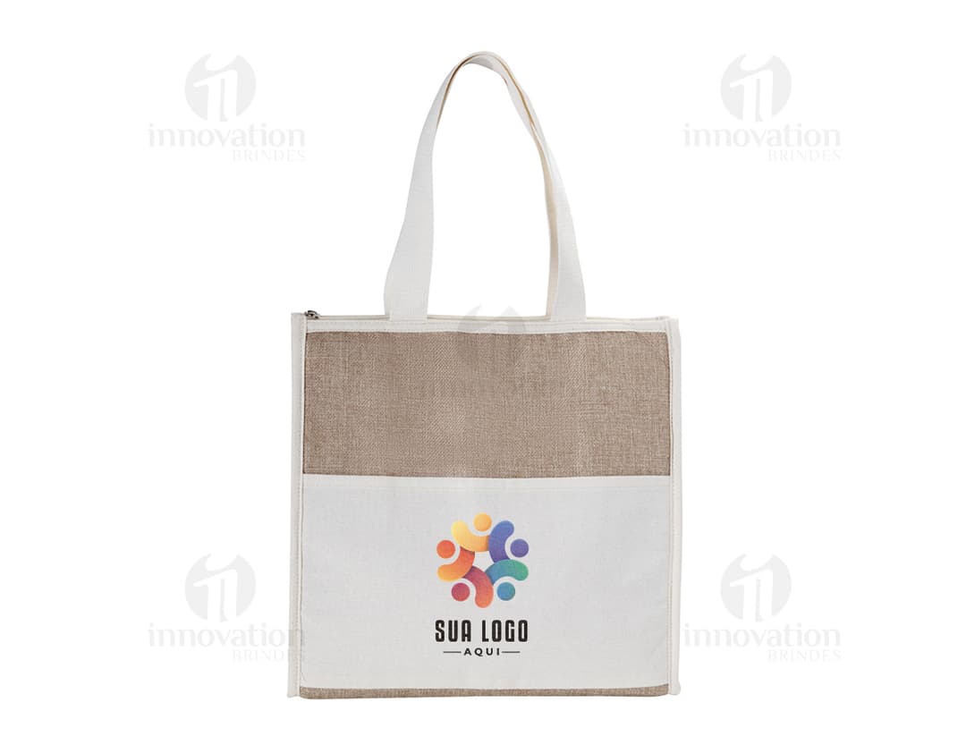 Bolsa Térmica em algodão e Juta em embalagem de papelão aberta, vazia, com fita de presente.