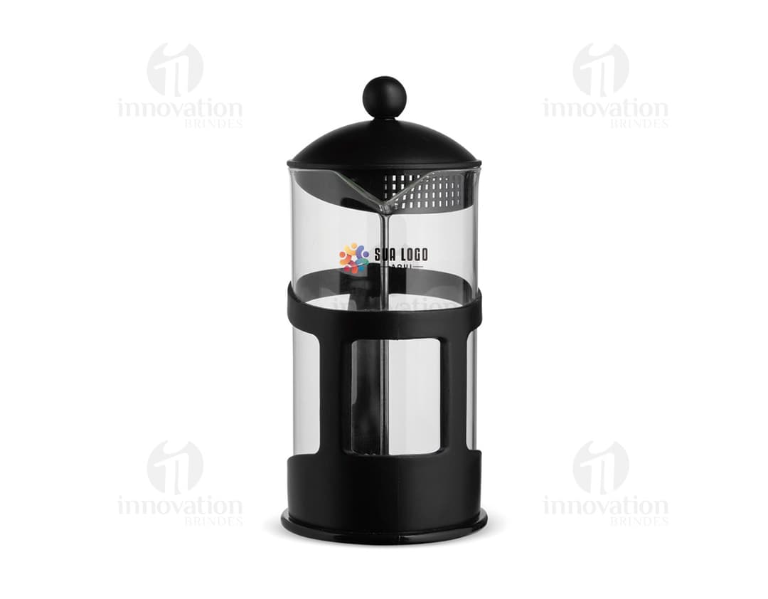 Cafeteira Prensa Francesa 1L de metal prateado, com alça e tampa. Equipamento de cozinha para preparar café.