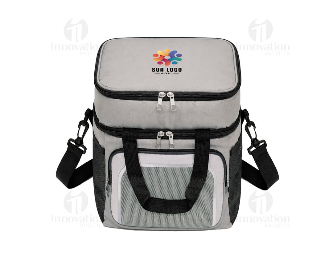 Bolsa térmica dupla preta de 12 litros, feita de couro e nylon com zíper e alça. Ideal para viagens, negócios, esportes e aventuras.
