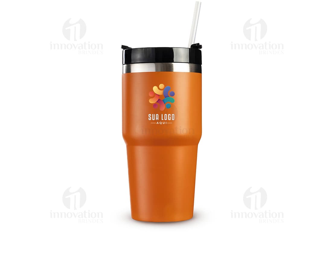 Copo térmico de 600ml em metal prateado e plástico, com tampa e design transparente.