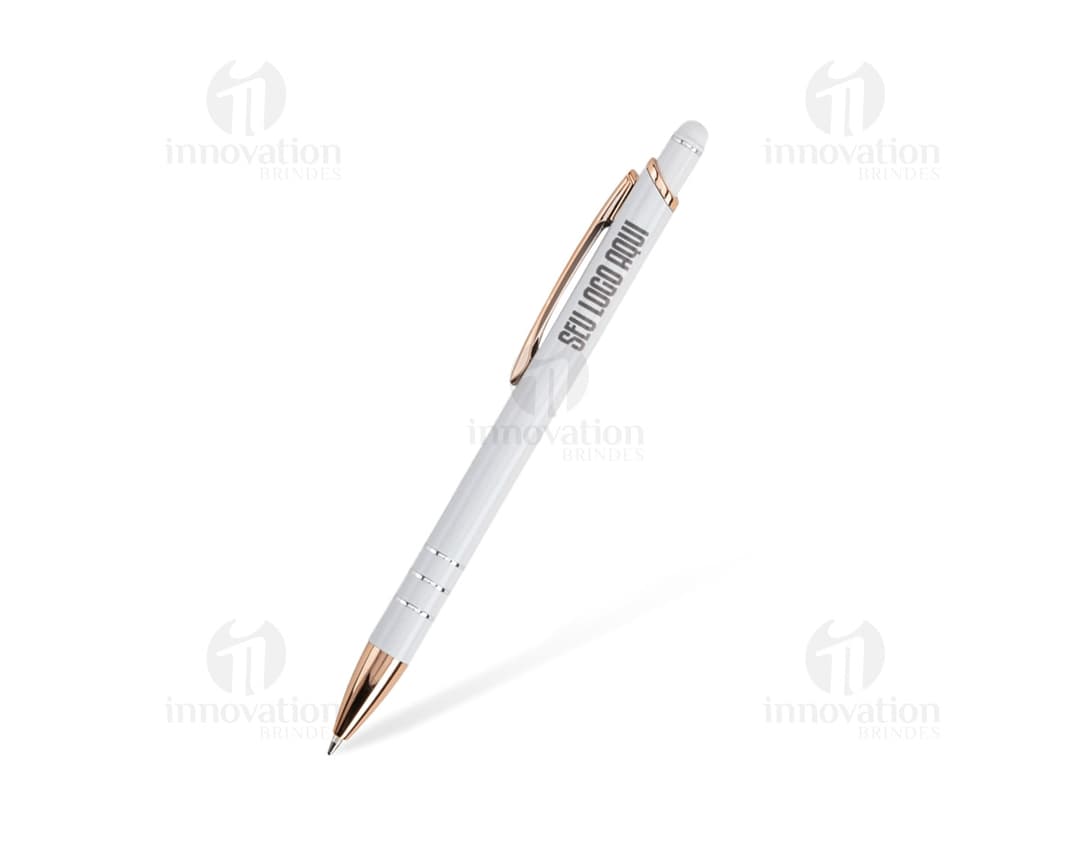 Caneta Metal Touch em diversas cores: preto, amarelo, laranja, rosa e prata. Objeto de escrita metálico ideal para escritório, escola e educação. Ótima opção para desenho e assinaturas, com ponta afiada e design moderno.