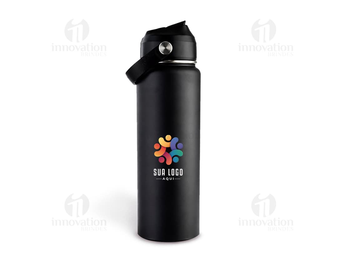 Garrafa térmica com alça de 600ml em aço inoxidável, ideal para manter a bebida quente ou fria por mais tempo. Cores prateada e preta, design elegante e funcional.