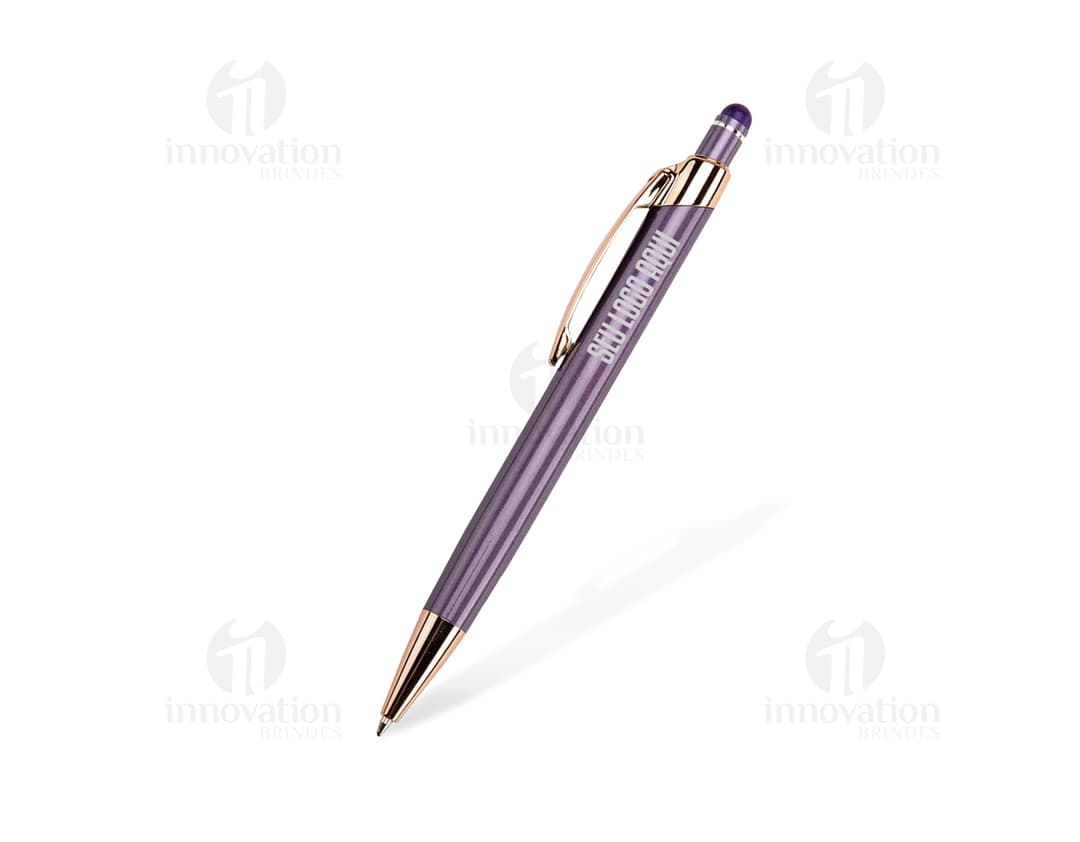 Caneta Metal Touch prateada e preta, utilizada para escrever, com design clássico e ponta afiada.