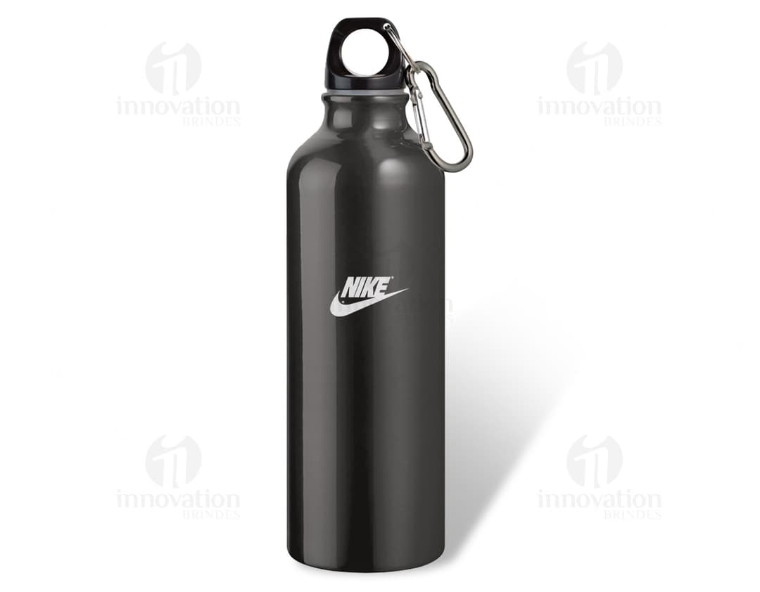 Produto Squeeze de metal contendo líquido, com design prateado, transparente e vazio.