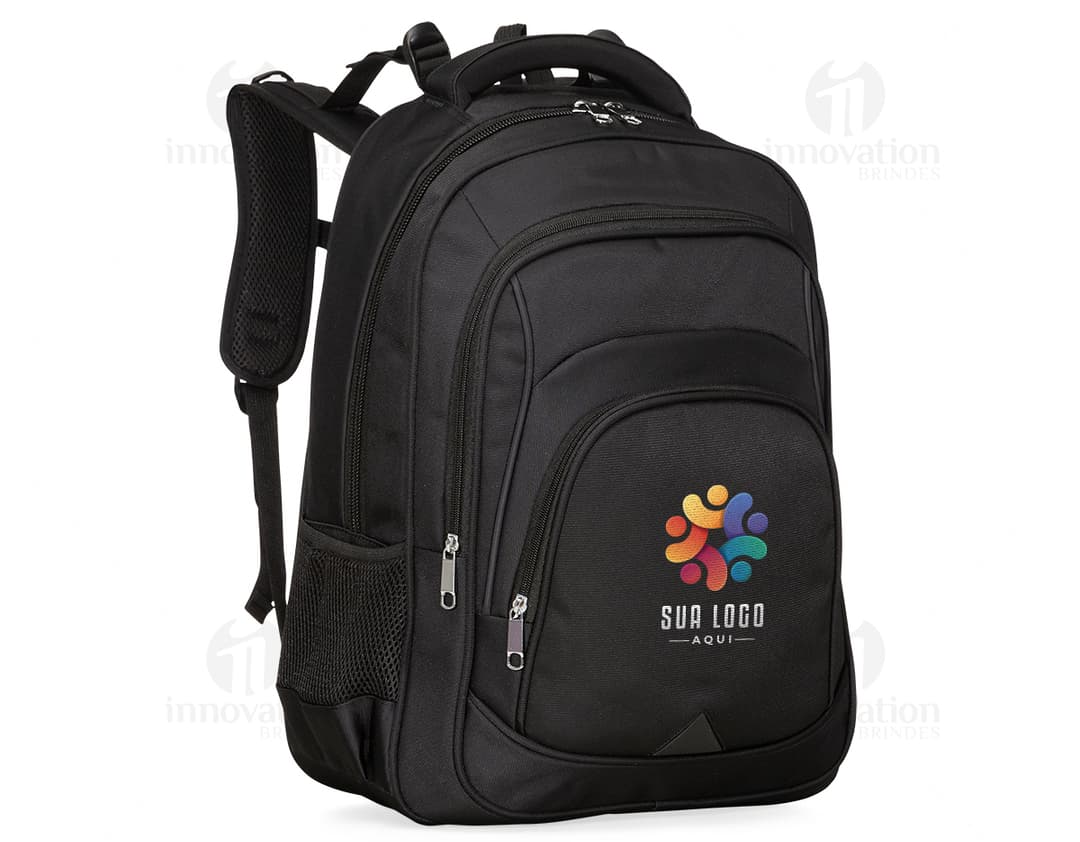 Mochila de poliéster preta, moderna e elegante, com alça, zíper, bolsos e compartimentos de armazenamento. Ideal para viagens, uso diário ou profissional.