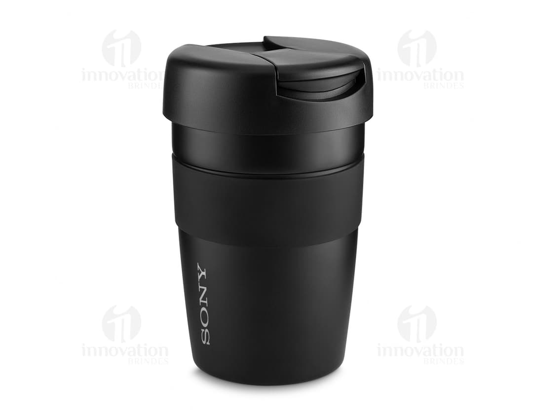 Container de metal preto com tampa de aço inoxidável, capacidade de 350ml, ideal para armazenar líquidos como café, chá ou água. Objecto brilhante e resistente, adequado para uso em casa, escritório ou em viagens.