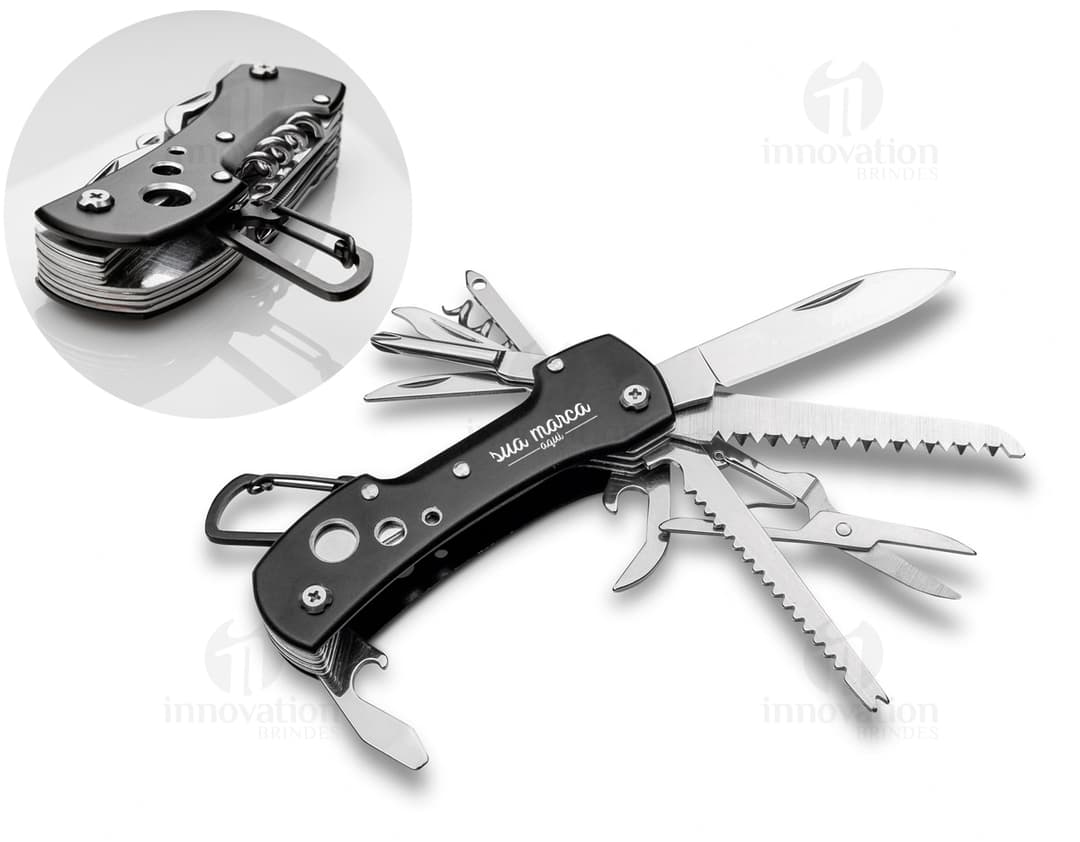 Imagem de um Canivete Multifunções em Aço Inoxidável com diversas ferramentas, como tesoura, lâmina afiada, saca-rolhas e chave de fenda. Um equipamento versátil e resistente para diversas atividades. Ideal para uso doméstico, camping ou emergências. Adquira já o seu!