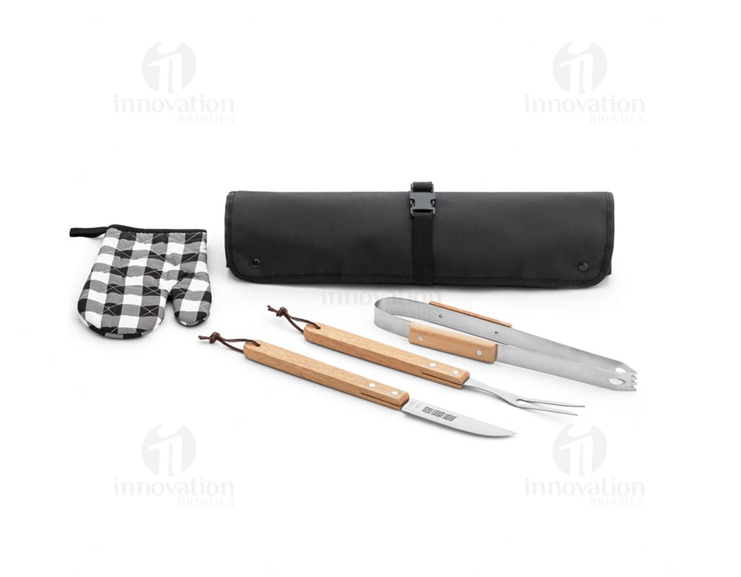 Kit churrasco completo com faca, tesoura, lápis e outros utensílios de aço inoxidável. Ideal para negócios e escritório. Prático e compacto, perfeito para viagens. Adquira já o seu!