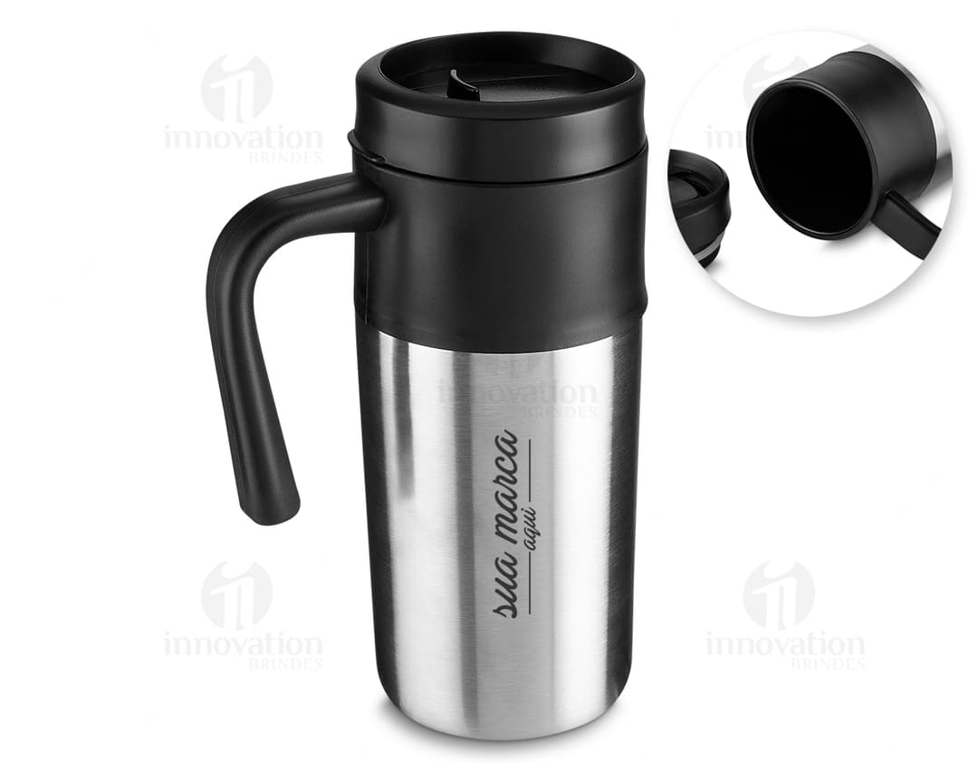Caneca 450ml em metal prateado para café, chá ou outras bebidas. Perfeita para servir sua bebida favorita de forma elegante e prática. Ideal para uso doméstico ou no escritório. Adquira já a sua! #Caneca450ml #Brinde #Café #Chá #Qualidade