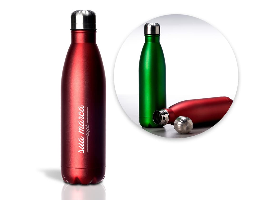 Garrafa Inox 750ml - Ideal para manter sua saúde em dia! Garrafa de luxo em inox, brilhante e elegante, perfeita para manter sua bebida sempre fresca. Acompanha tampa em plástico, sendo ideal para brindes corporativos e tratamentos de saúde. Adquira já a sua!