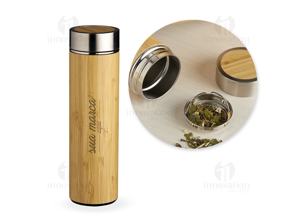 Garrafa Bambu 500ml - Perfeita para brindes corporativos, esta garrafa de 500ml combina elegância e sustentabilidade. Feita com bambu e metal, possui design moderno e sofisticado. Ideal para armazenar bebidas e manter a temperatura por mais tempo. Adquira já a sua!