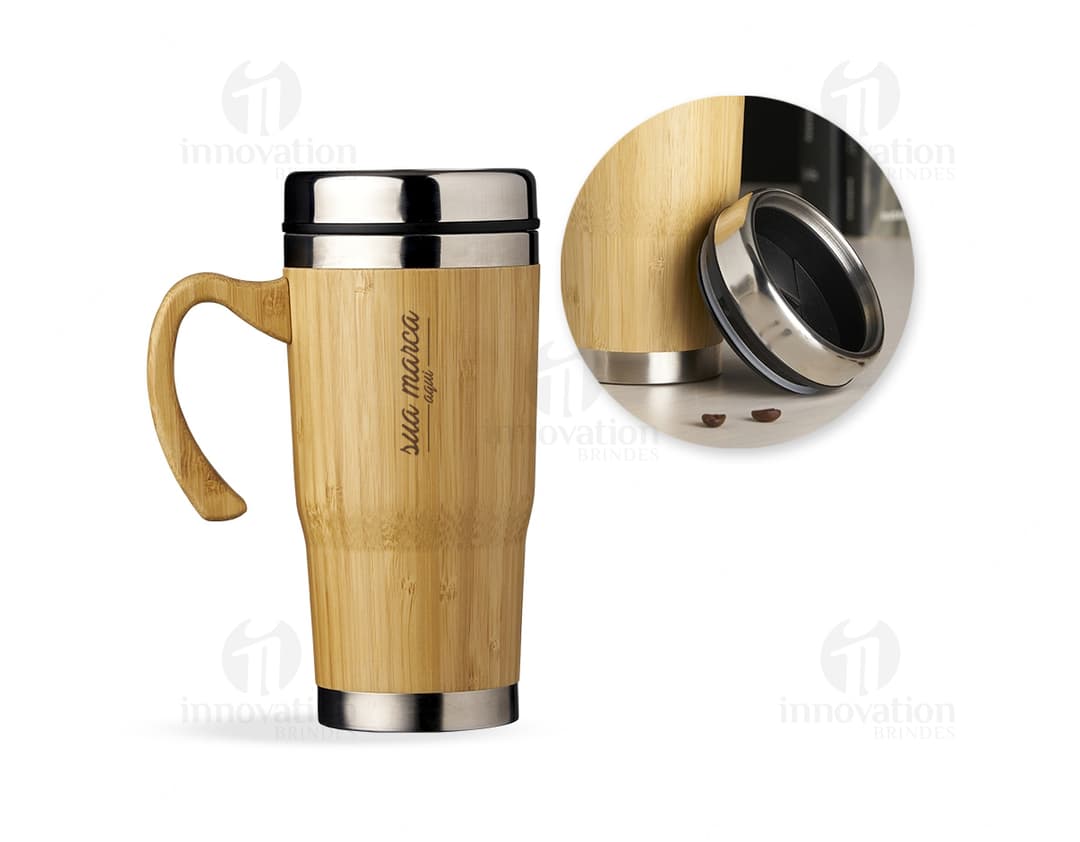 Caneca de bambu 500ml, perfeita para desfrutar de suas bebidas favoritas com estilo e consciência ambiental. Feita de bambu e aço inoxidável, é durável, leve e ecológica. Ideal para chás, cafés e drinks. Adquira já a sua!