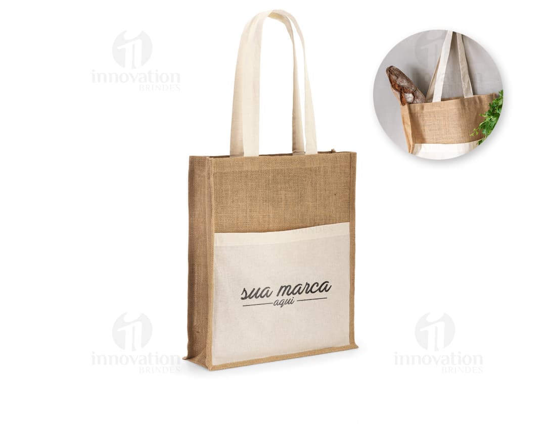 Sacola de juta de 240g com bolso frontal, ideal para compras seguras e protegidas. O fecho de cadeado garante a proteção do conteúdo, enquanto o metal resistente e o design moderno proporcionam segurança e estilo. Perfeita para armazenar dinheiro, cartões e outros objetos de valor durante suas compras no mercado ou loja.