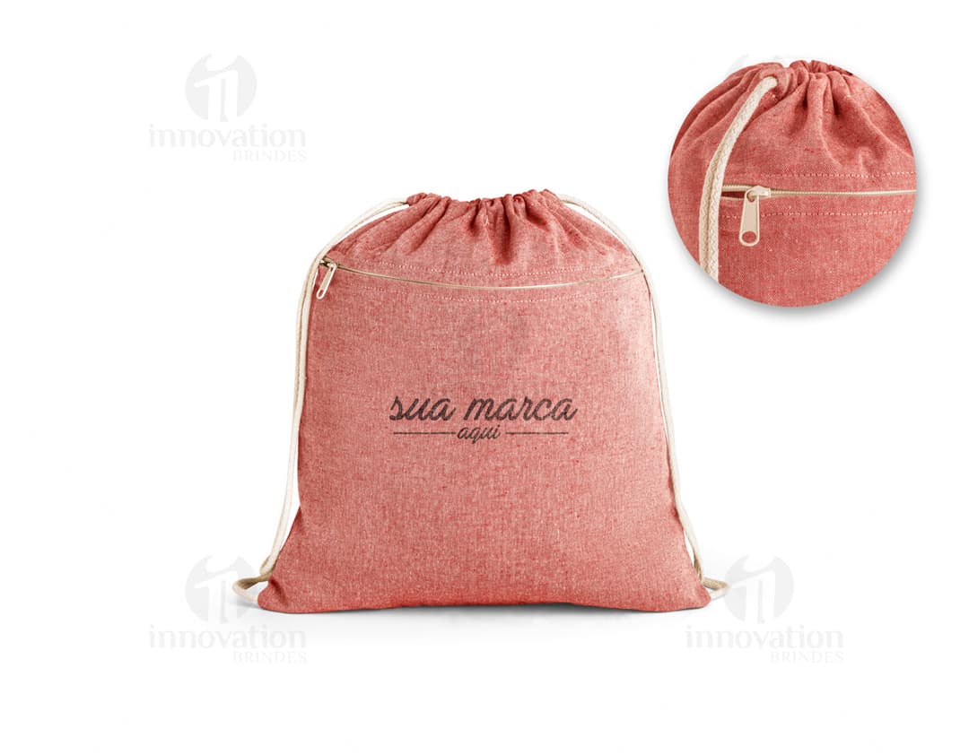 Mochila saco de algodão 370 x 410 mm, perfeita para presentes e celebrações. Feita de couro marrom e tecido resistente, ideal para compras e passeios. Compre já!