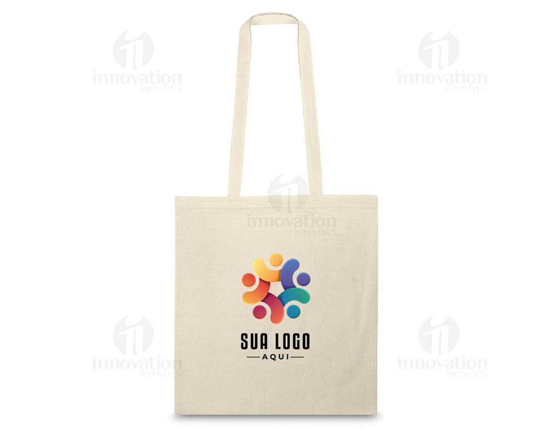 Sacola de algodão com 103 gramas, alças de 75 cm de comprimento.