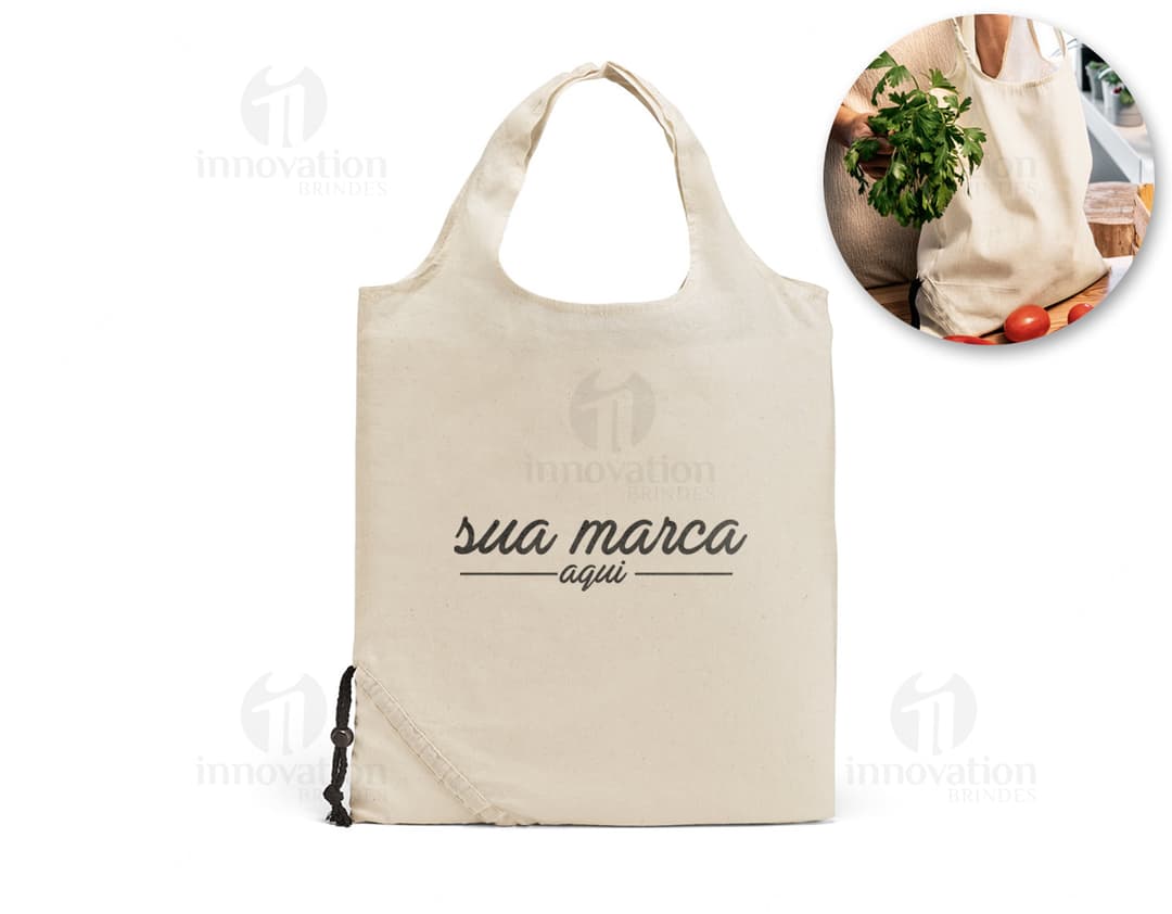 Bolsa de compras de algodão marrom vazia, dobrável e durável, com alça de couro e fecho de metal. Perfeita para compras, presente ou uso diário.