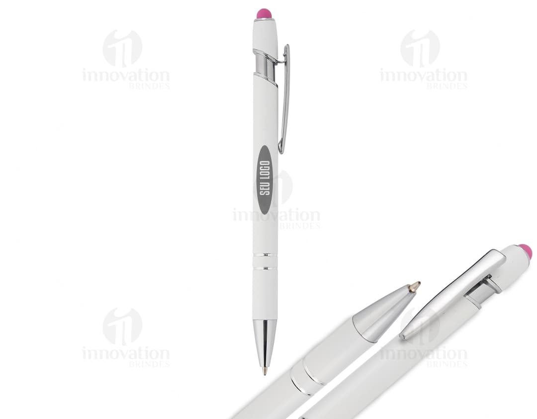 Caneta metálica com touchscreen e clique em diversas cores, ideal para escrita e desenho em tablets e smartphones.