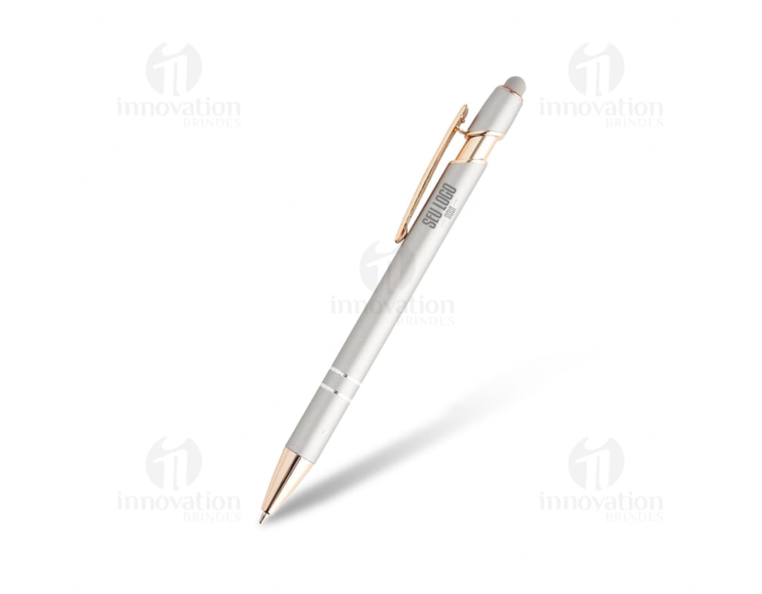 Caneta de metal touch elegante para escrita de alta qualidade. Perfeita para escritório, escola ou negócios. Design sofisticado em prata com ponta touch screen. Ideal para assinaturas, contratos e desenhos. Garanta a sua agora!