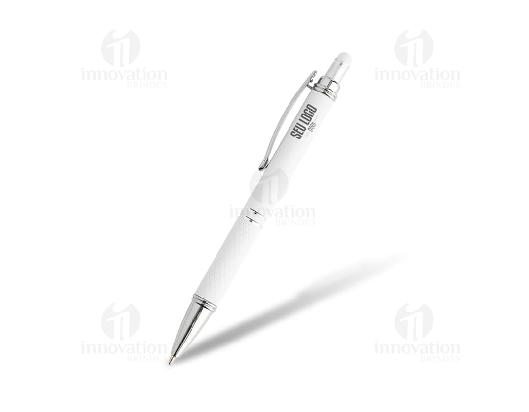 Caneta Touch com acabamento emborrachado em metal prateado, design moderno e elegante. Ideal para escrita e desenho, possui ponta afiada e função touch para utilização em dispositivos digitais.