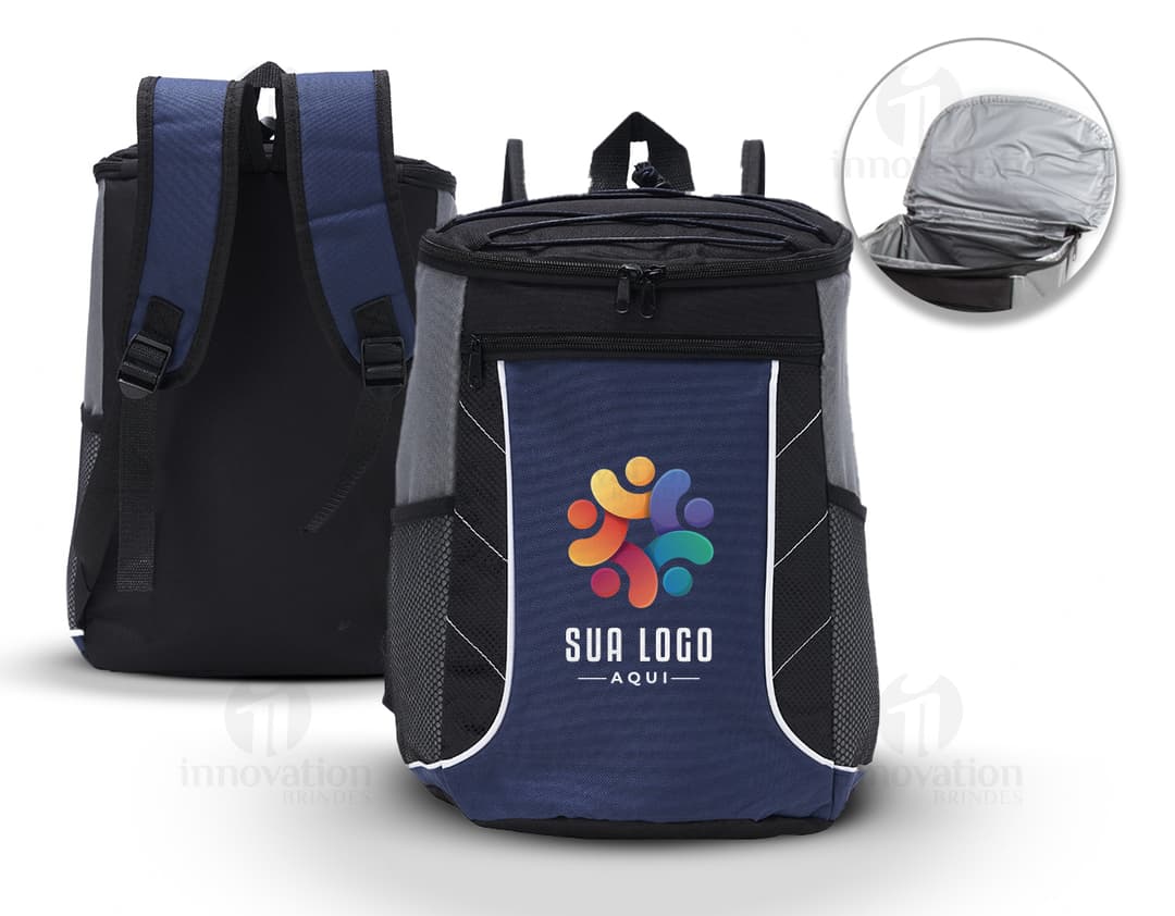 Mochila térmica de 18 litros em couro preto e metal prateado, com alça de transporte, fecho de fita e design moderno e elegante. Ideal para viagens, negócios e celebrações, esta bolsa térmica é o presente perfeito para um aniversário ou ocasião especial.