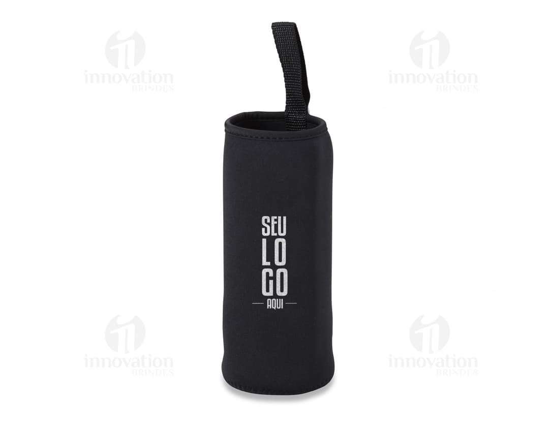 Dispositivo eletrônico preto em neoprene, semelhante a um bottle container, com capacidade para uma garrafa.