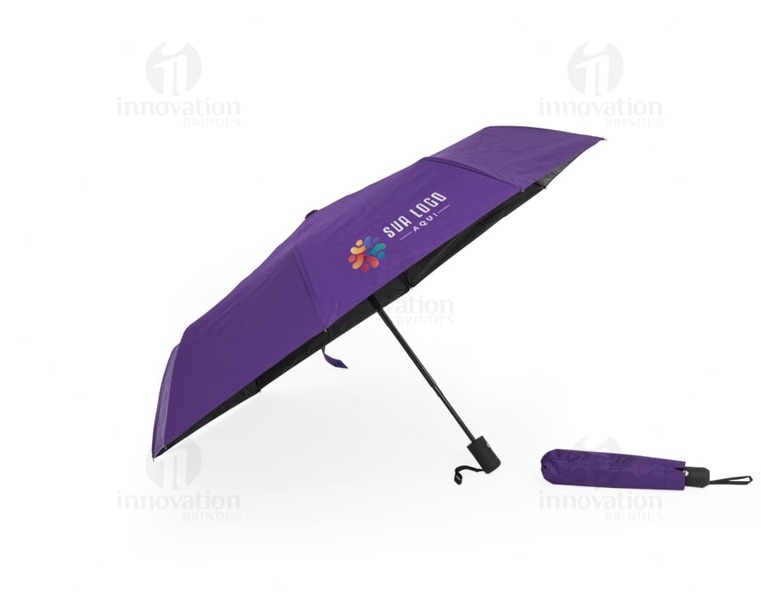 Guarda-chuva automático com proteção UV, design moderno em preto, vazado em forma de dodo, modelo 3D com espaço para mensagem ou símbolo, ideal para proteção contra chuva e raios UV, equipamento de transporte seguro e eficaz em dias chuvosos.