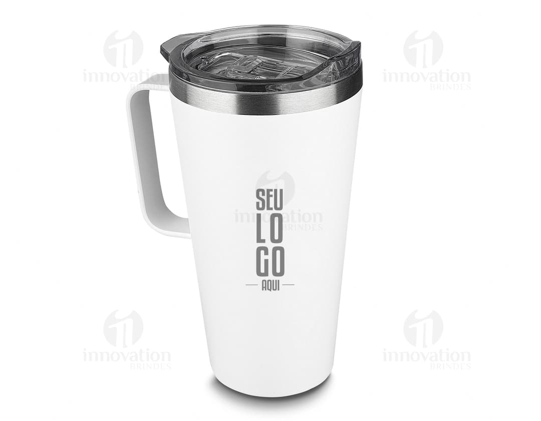 Caneca térmica 530ml de cor branca, com tampa de rosca e alça ergonômica.