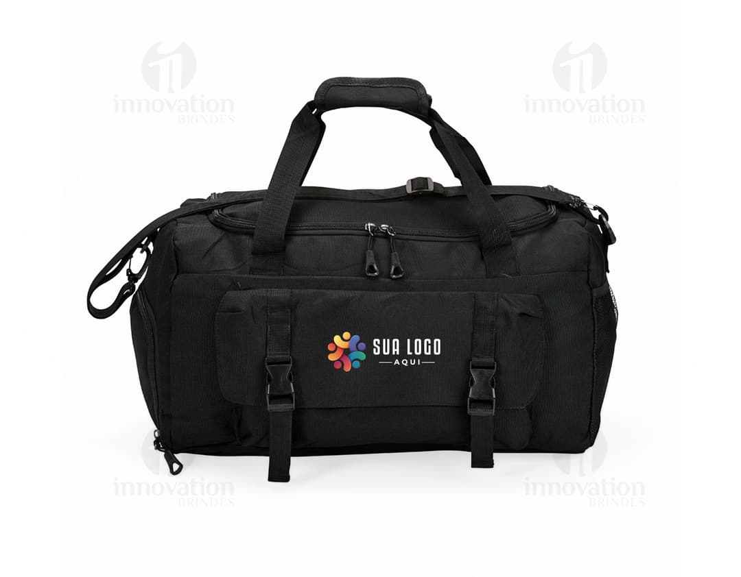 Bolsa esportiva de 39 litros em couro preto, com alça, zíper, elegante e moderna, ideal para viagens e esportes.