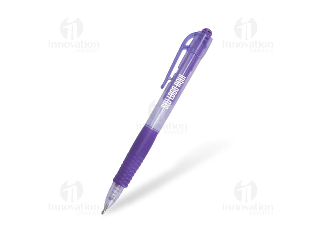 Caneta plástica azul com emborrachado, com design moderno e futurista. Textura suave, cores vibrantes e efeitos gráficos dinâmicos. Ideal para uso em escritórios, escolas e trabalhos criativos.