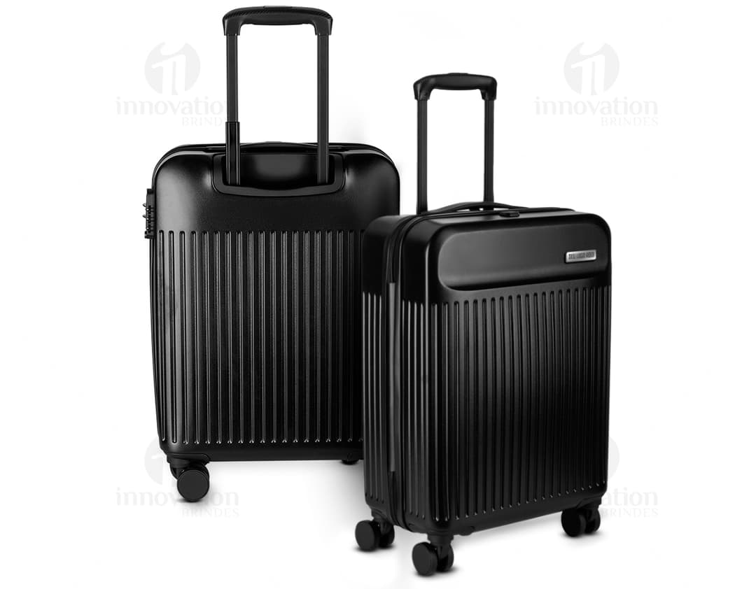 Mala de viagem ABS preta com design moderno, equipada com USB e carrinho. Ideal para transportar equipamentos e dispositivos tecnológicos.
