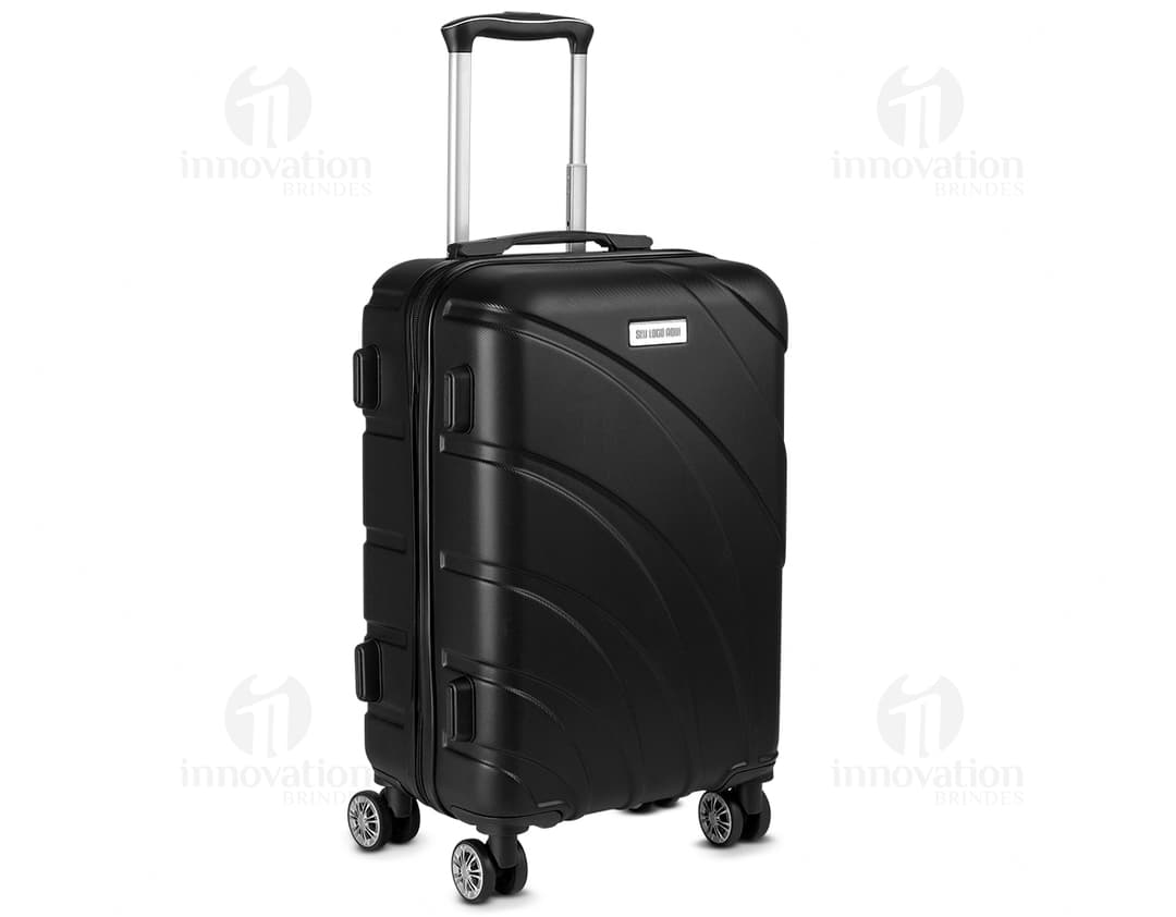 Mala de bordo feita de ABS com carrinho de aço, moderna e resistente. Ideal para viagens de negócios ou lazer, é um item de transporte seguro e prático para guardar seus pertences com segurança. A mala possui detalhes em metal e rodinhas que facilitam o seu deslocamento.