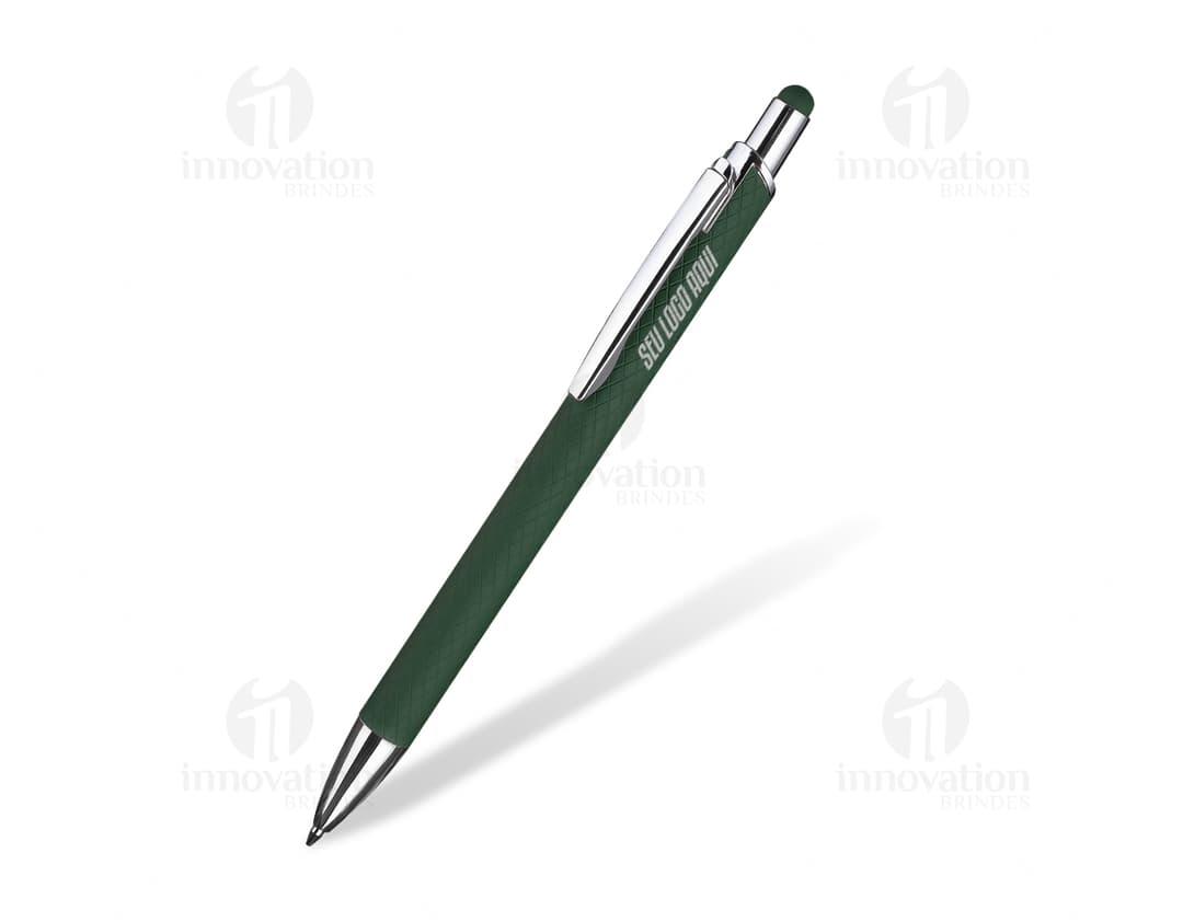 Caneta metálica colorida em destaque entre outros materiais de escrita e desenho, como lápis de cor, lápis de grafite e pincéis. A caneta possui ponta afiada e brilhante, ideal para trabalhos artísticos e profissionais. As cores vibrantes e metalizadas adicionam um toque de criatividade ao ambiente de trabalho ou estudo.