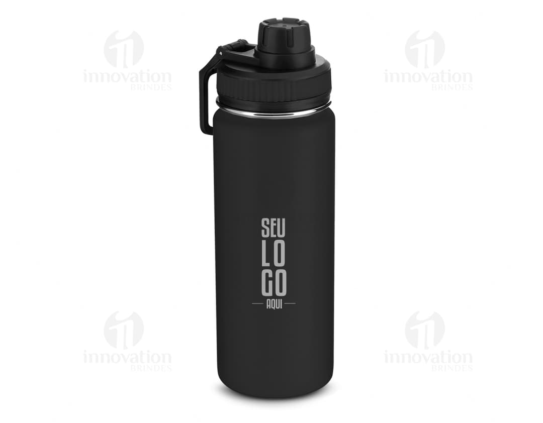 Garrafa de aço inoxidável de 570ml, contendo líquido. Objeto de higiene pessoal, limpo e de metal brilhante. Possui tampa e design transparente.