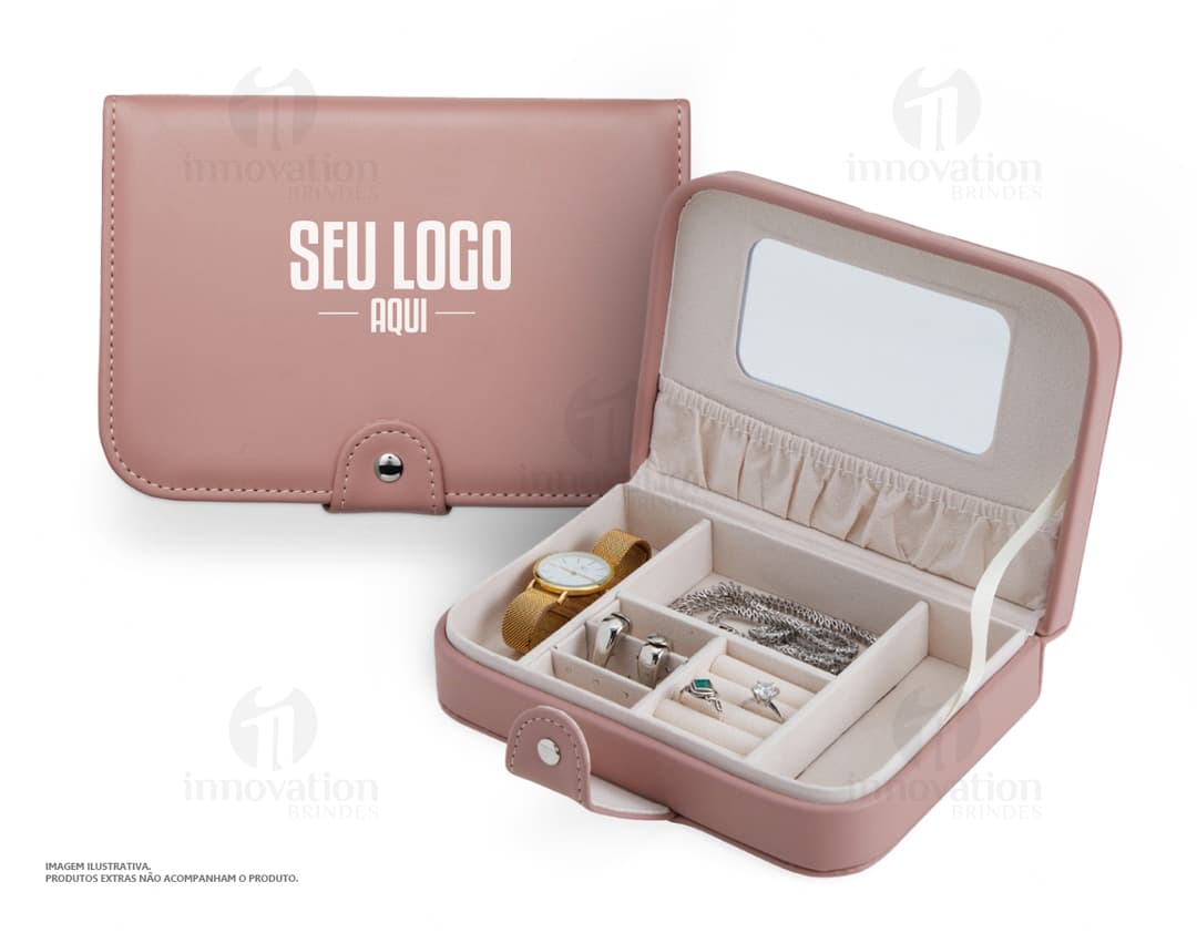 Porta joias com espelho e diversos compartimentos para organizar joias e acessórios. Cor prateada e moderna, ideal para armazenar de forma segura seus pertences de valor.