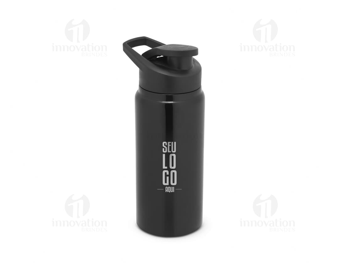 Bottle de alumínio 660ml com tampa flip, utilizado para armazenar líquidos. O objeto é de metal, de cor prata e possui um design clean e moderno.