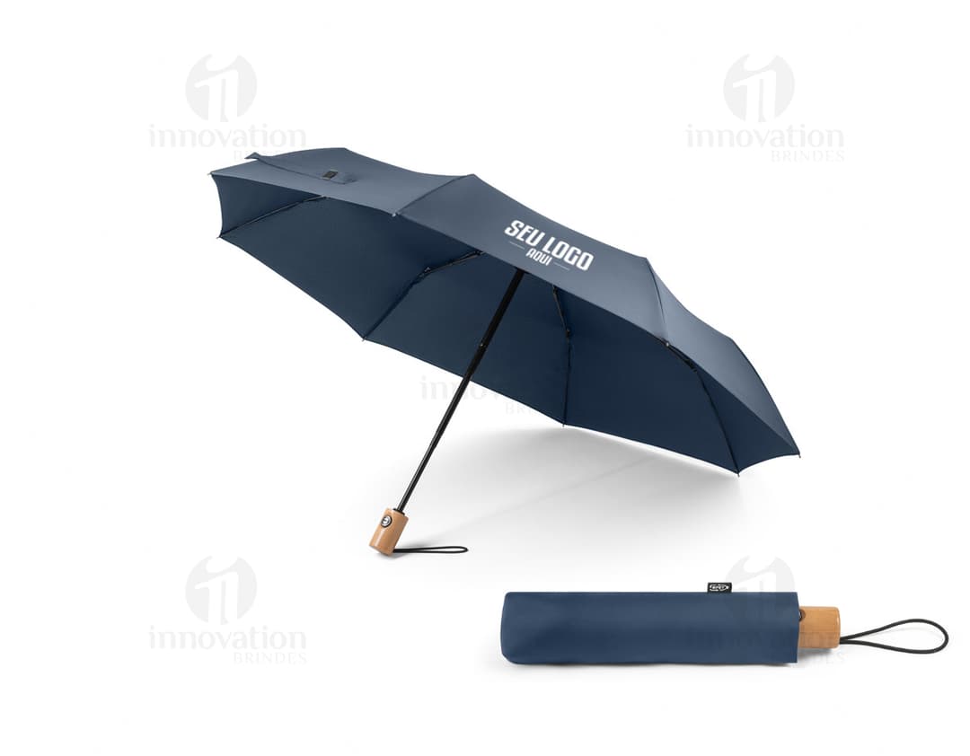 Guarda-chuva rPET pongee com pega, apresentado em uma caixa de presente colorida com laço. O guarda-chuva é brilhante e possui uma decoração festiva.