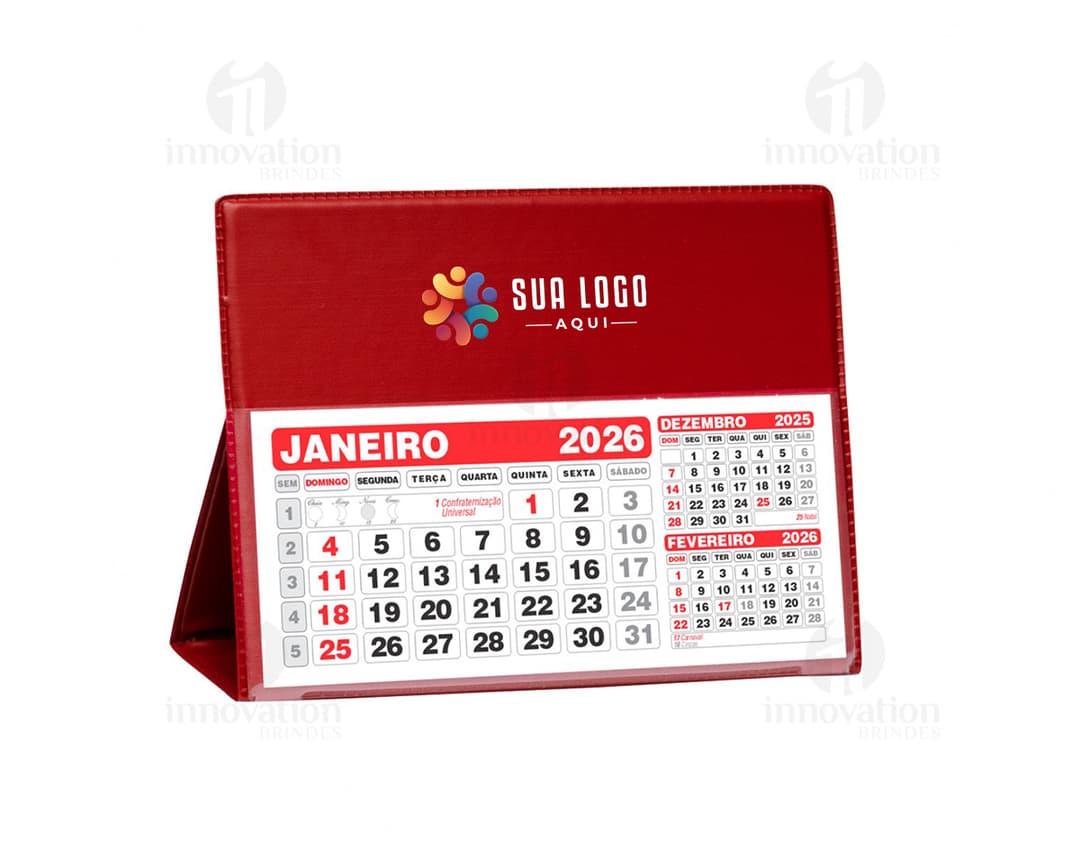 Calendário de mesa grande com design colorido e marcadores para datas destacadas.