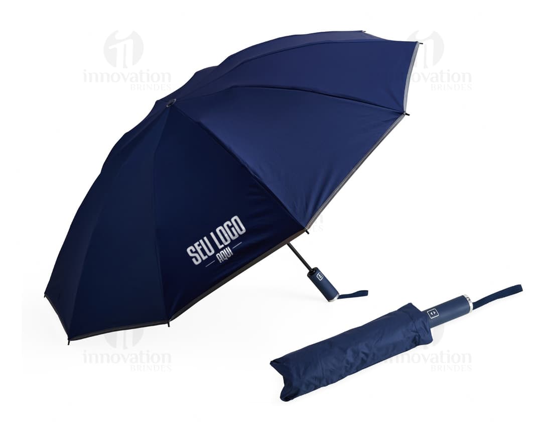 Uma imagem de um guarda-chuva auto poliéster impermeável, em destaque, com tecido preto, durável e resistente à água, ideal para uso em dias chuvosos.