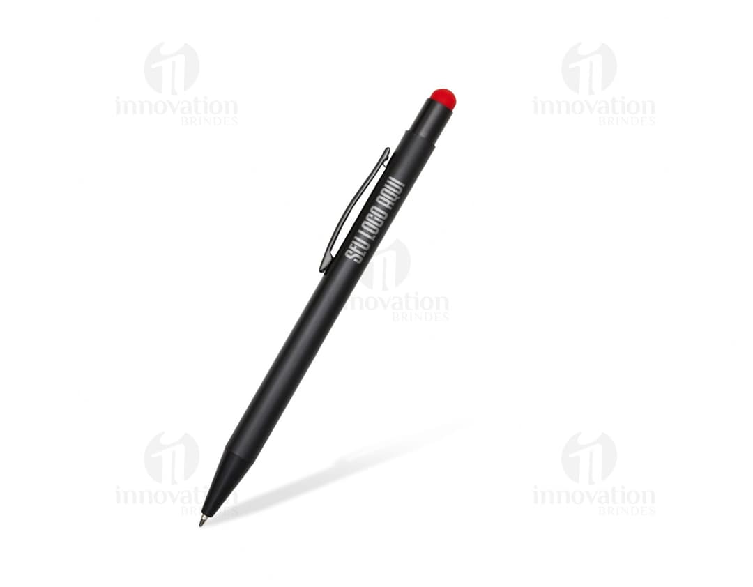 Caneta Metal Touch em tom prateado, com ponta sensível ao toque.