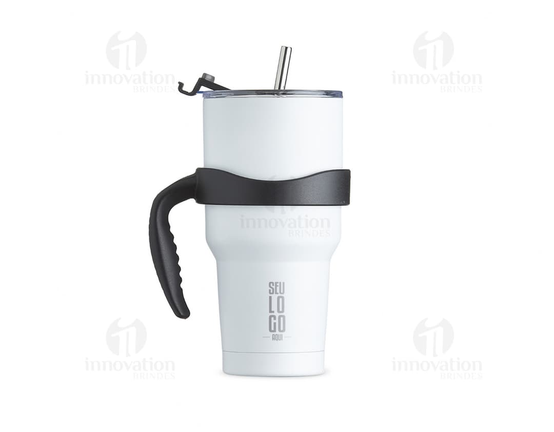 Caneca Térmica Inox 800ml com tampa de rosca e alça resistente.