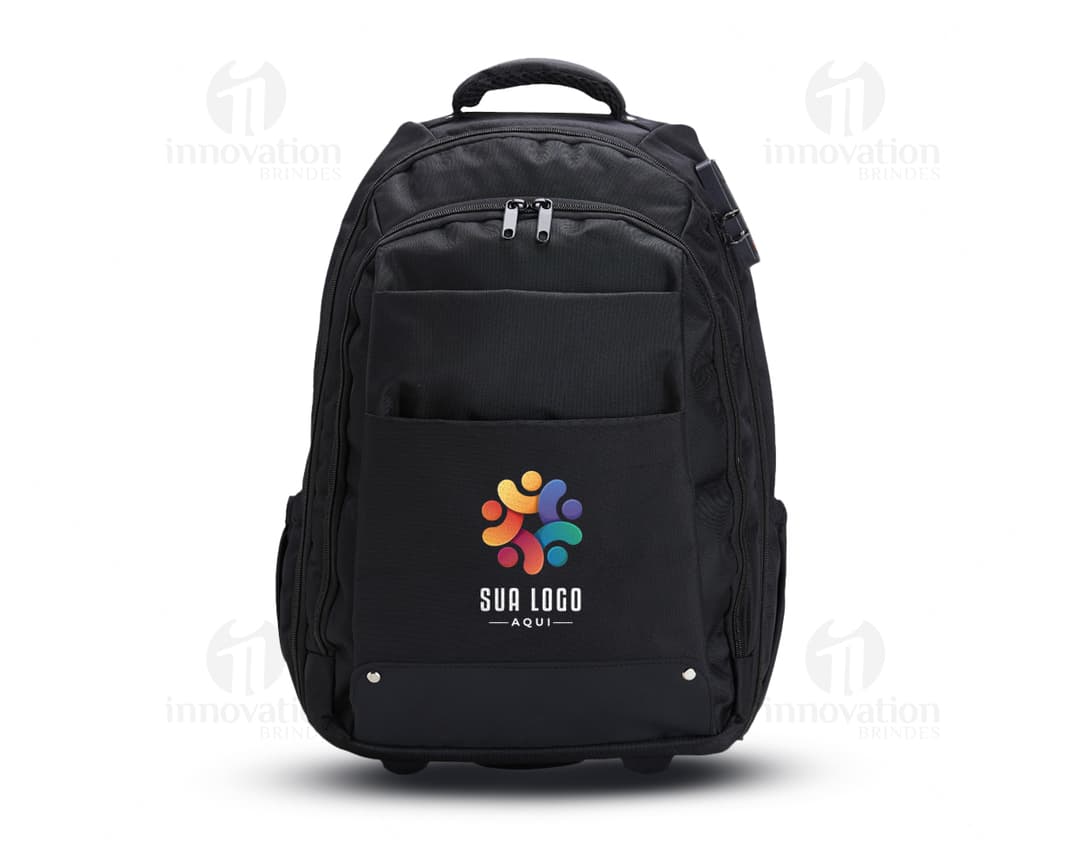Mochila 27 Litros com Rodinhas preta de couro, equipamento moderno e elegante, com alças, zíper, fivela e rodinhas para fácil transporte. Ideal para viagens, negócios e uso pessoal.