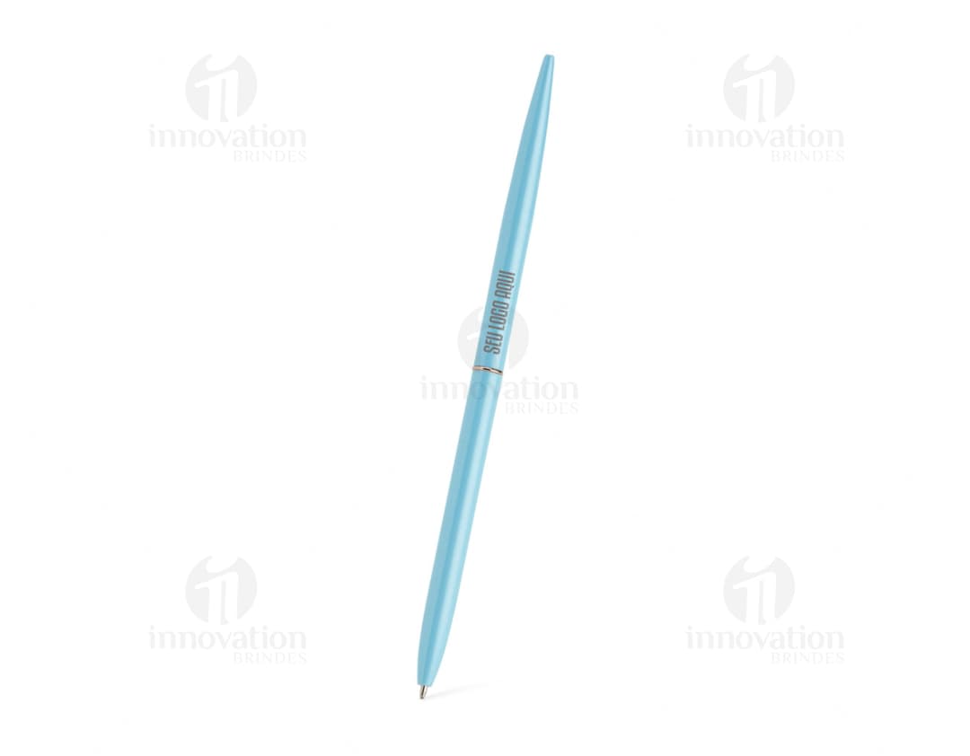 Caneta metálica azul com rotação, design moderno e elegante. A cor vibrante e brilhante traz um toque de criatividade. Ideal para uso em apresentações, escrita e desenhos.