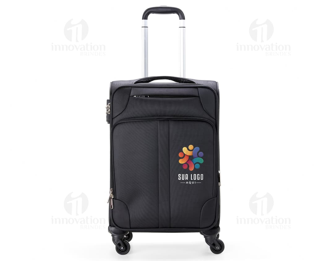 Mala de viagem de 48 litros em couro preto, moderna e elegante, ideal para viagens a negócios. Inclui alça de mão, compartimento para laptop, fecho com suporte de metal e diversas opções de armazenamento.