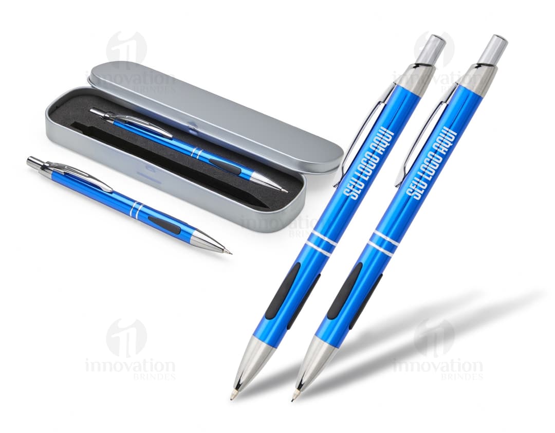 Conjunto de caneta e lapiseira de metal para escrita, design e negócios. A combinação perfeita de elegância e funcionalidade para o seu dia a dia no escritório. Adquira já o seu conjunto e eleve o seu nível de produtividade!