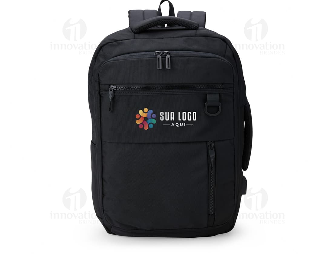 Mochila de nylon preta de 20 litros para viagem e trabalho, com alça de couro, zíper, alça de mão e design moderno e elegante. Ideal para executivos e profissionais bem-sucedidos.