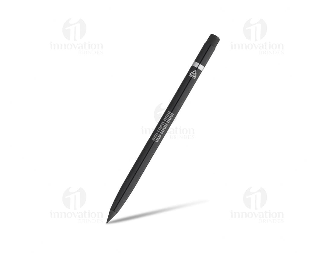 Caneta sem tinta em alumínio sobre papel branco, utilizada como ponteiro e indicador em ambientes de negócios e escritórios. A imagem mostra o equipamento de escrita em close-up, com detalhes em metal prateado e design elegante. Perfeito para escrever, assinar documentos e fazer planos financeiros.