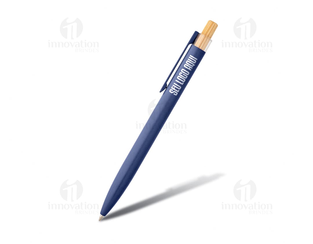 Caneta Ecológica Alumínio e Bambu na cor azul.